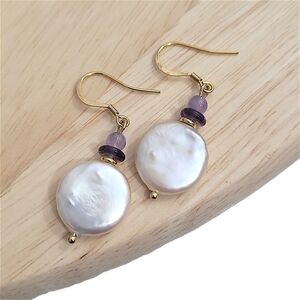 Hand Crafted Pearl Amethyst Earrings Freshwater 18K Gold Plated Stainless Steel
